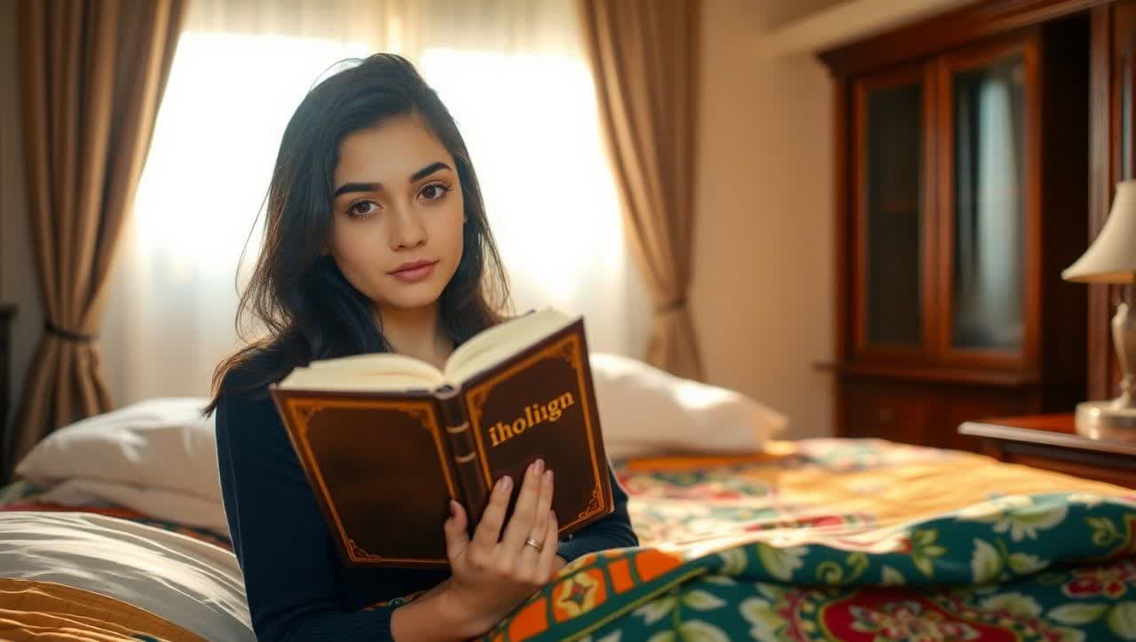 محیط خواب گرم و آرام با نور ملایم و کتاب در دست یک دانش‌آموز.