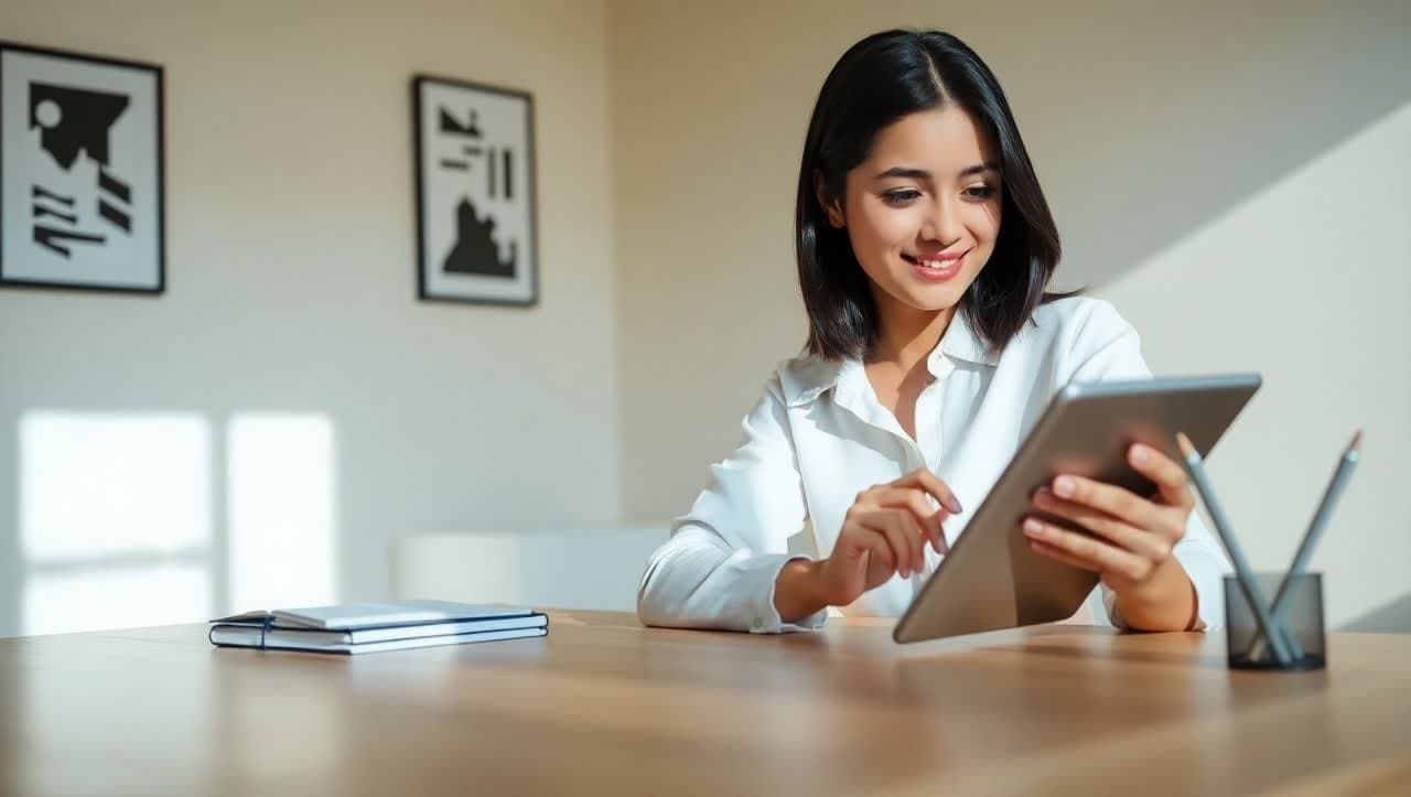  یک دانش‌آموز ایرانی در حال کار با اپلیکیشن برنامه‌ریزی روی تبلت یا گوشی با تمرکز بالا
